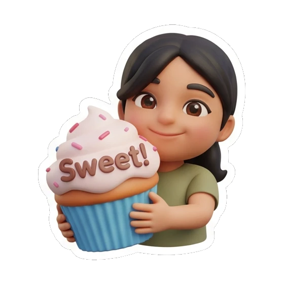 Girl holding a cupcake with Sweet text, delighted. Cheerful Girl Daily Life sticker for expressive chats and social replies.