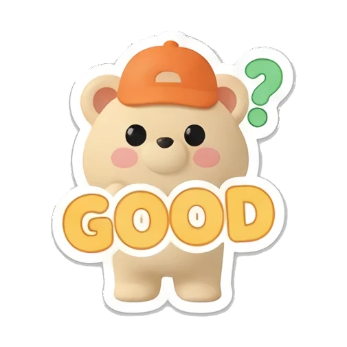 Bear wearing orange cap looking confused with GOOD text. Cheerful Clay Bear Buddies sticker for expressive chats and social replies.