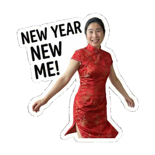 Wearing a red cheongsam Joyful Lunar New Year Moments sticker for expressive chats and social replies.