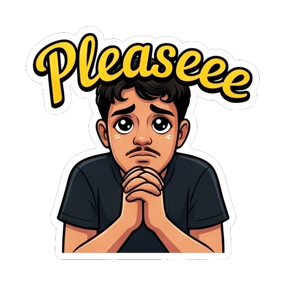 Pleading young man with clasped hands and 'Pleaseee' text. Cool Guy Daily Vibes sticker for expressive chats and social replies.