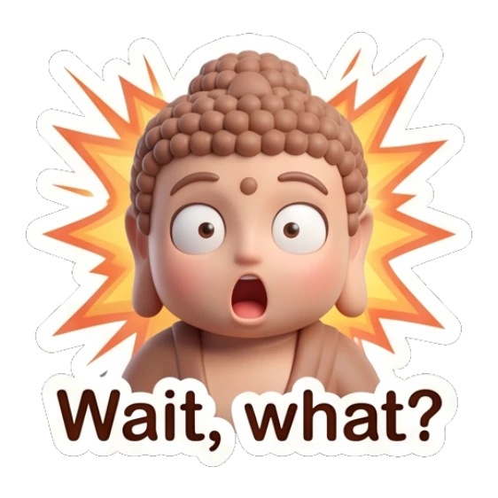 Little Buddha looking shocked with wide eyes and a burst background. Zen Little Buddha Vibes sticker for expressive chats and social replies.