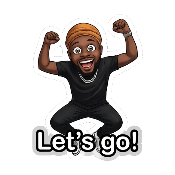 Cartoon-style man in durag jumping with excitement, energetic, text Let's go! Daily Vibes with Durag Guy sticker for expressive chats and social replies.