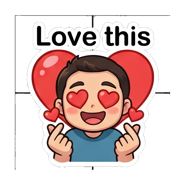 Boy smiling with heart eyes and making finger hearts. Cheerful Boy Daily Life sticker for expressive chats and social replies.