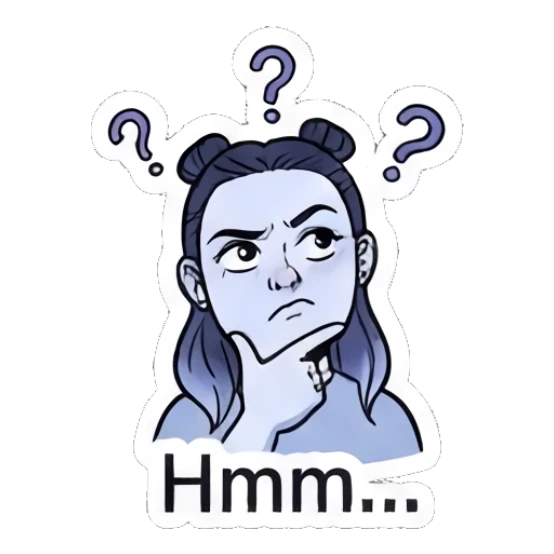 Thoughtful girl with question marks saying Hmm Modern Girl Daily Vibes sticker for expressive chats and social replies.