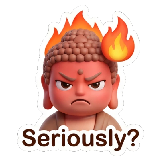 Little Buddha looking angry with a flaming head and serious expression. Zen Little Buddha Vibes sticker for expressive chats and social replies.