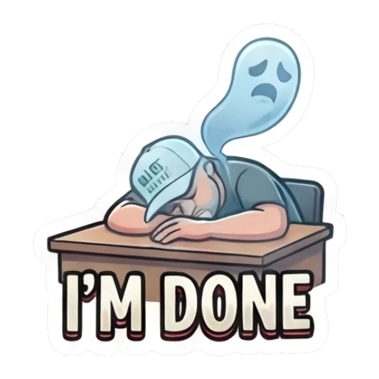 Man exhausted with a ghost soul leaving his body and text I'M DONE Coffee Shop Guy Daily Vibes sticker for expressive chats and social replies.