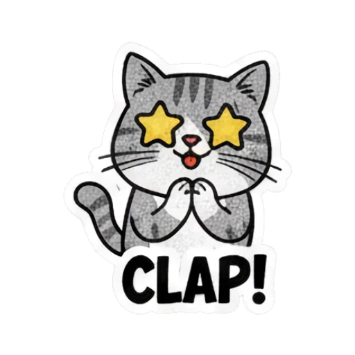Grey cat with star-shaped eyes clapping with text CLAP! Grumpy Grey Cat Daily Moods sticker for expressive chats and social replies.