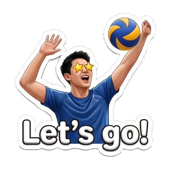 Excited player reaching for volleyball, text Let's go! Volleyball Boy Daily Life sticker for expressive chats and social replies.
