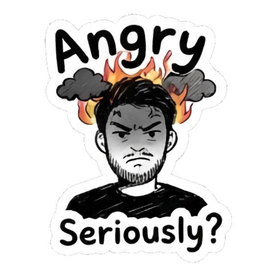 Angry man with storm clouds and fire above his head. Doodle Guy Daily Vibes sticker for expressive chats and social replies.