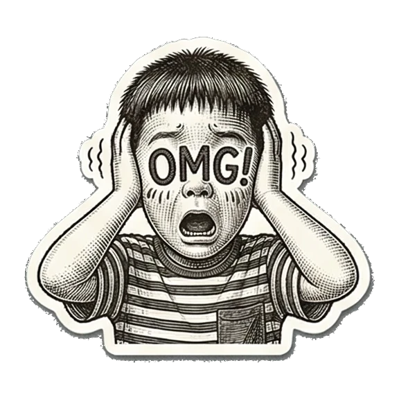 Shocked boy with OMG! text. Little Boy's Engraved Emotions sticker for expressive chats and social replies.
