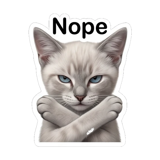 Disapproving white cat with crossed arms and text Nope Little White Cat Daily sticker for expressive chats and social replies.