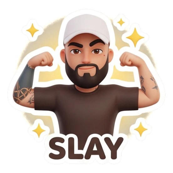 Man with beard flexing muscles, text SLAY Modern Couple Daily Vibes sticker for expressive chats and social replies.