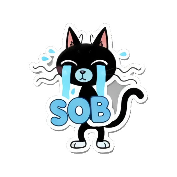 Black cat sobbing with tears and SOB text Playful Black Cat Daily Life sticker for expressive chats and social replies.