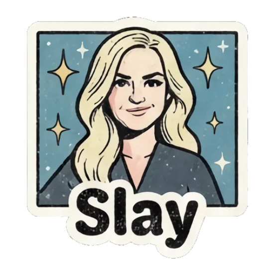 Confident blonde girl posing with stars in a stylish frame. Retro Blonde Comic Vibes sticker for expressive chats and social replies.