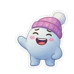 Happy snow creature in a pink beanie waving with HAHAHA text. Snowy Buddy Adventures sticker for expressive chats and social replies.