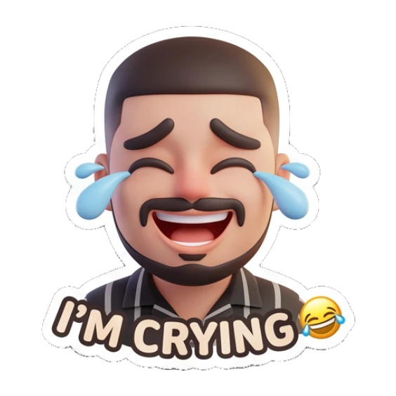 Bearded man laughing with tears of joy and 'I'M CRYING' text. Modern Bearded Guy sticker for expressive chats and social replies.