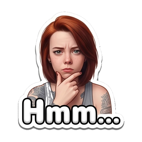 Thoughtful girl touching chin with 'Hmm...' text Red-Haired Girl Daily Vibes sticker for expressive chats and social replies.