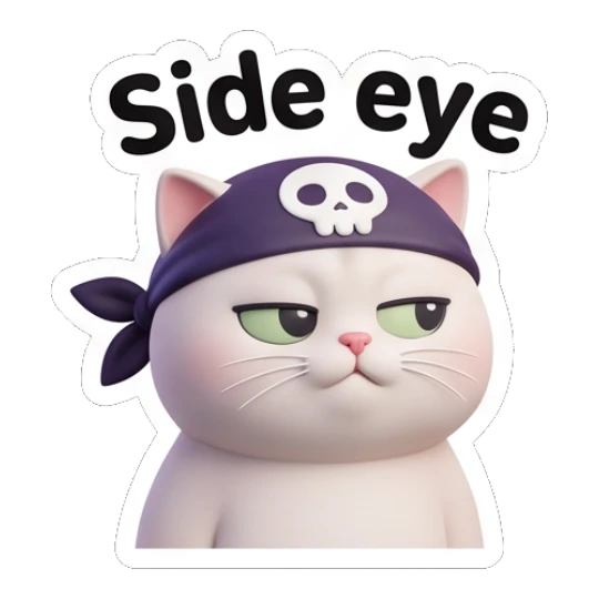 White cat wearing a pirate bandana looking skeptical saying Side eye. Whimsical White Cat Adventures sticker for expressive chats and social replies.