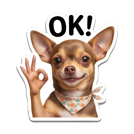 Chihuahua making an OK sign with paw, smiling, text OK! Chihuahua Moods sticker for expressive chats and social replies.