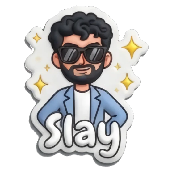 Man wearing sunglasses looking cool with 'Slay' text. Curly Beard Guy Daily Vibes sticker for expressive chats and social replies.