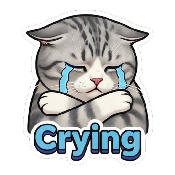 Sad tabby cat crying with crossed arms and text Crying Expressive Tabby Cat sticker for expressive chats and social replies.