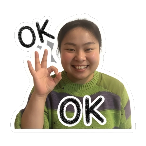 Young woman making an OK hand gesture with 'OK' text Cheerful Daily Expressions sticker for expressive chats and social replies.