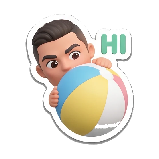 Boy peeking from behind a beach ball with HI text Summer Vibes Boy sticker for expressive chats and social replies.