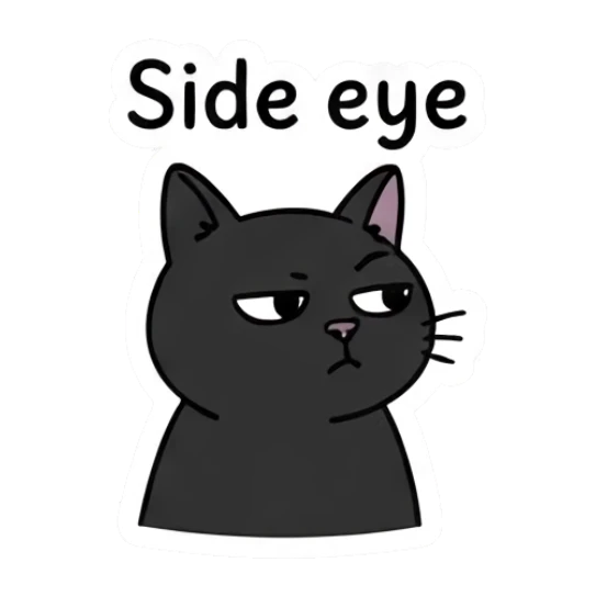 Skeptical black cat giving a side eye. Playful Black Cat Moods sticker for expressive chats and social replies.
