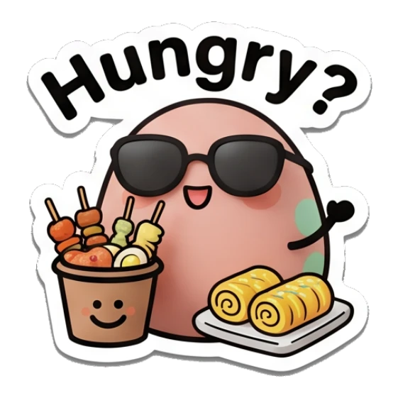 Egg holding a food bucket and skewers with text Hungry? Little Egg Buddies sticker for expressive chats and social replies.