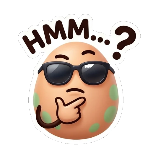 Spotted egg with sunglasses thinking, text HMM...? Cool Spotted Egg Expressions sticker for expressive chats and social replies.