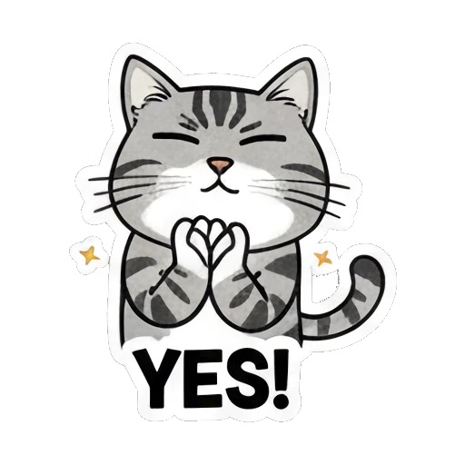Gray cat looking excited and clapping saying YES! Gray Tabby Moods sticker for expressive chats and social replies.