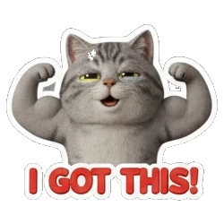 Gray tabby cat flexing muscles with I GOT THIS! text Cheerful Gray Tabby Cat sticker for expressive chats and social replies.