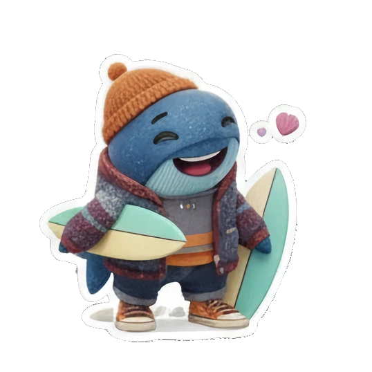 Blue whale surfing with a surfboard, happy expression, text 'HAPPY!' Ocean Buddy Adventures sticker for expressive chats and social replies.