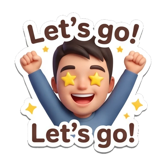 Boy cheering with star-shaped eyes and raised arms with text Let's go!. Cheerful 3D Boy Expressions sticker for expressive chats and social replies.