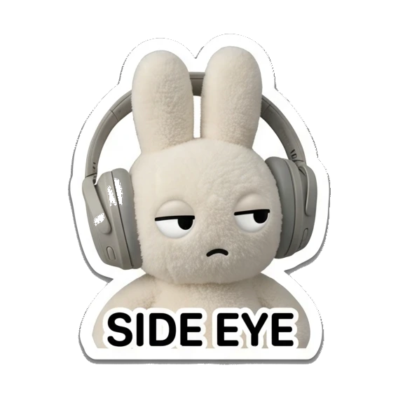 Bunny looking skeptical with side eye expression saying SIDE EYE Music Loving Bunny sticker for expressive chats and social replies.