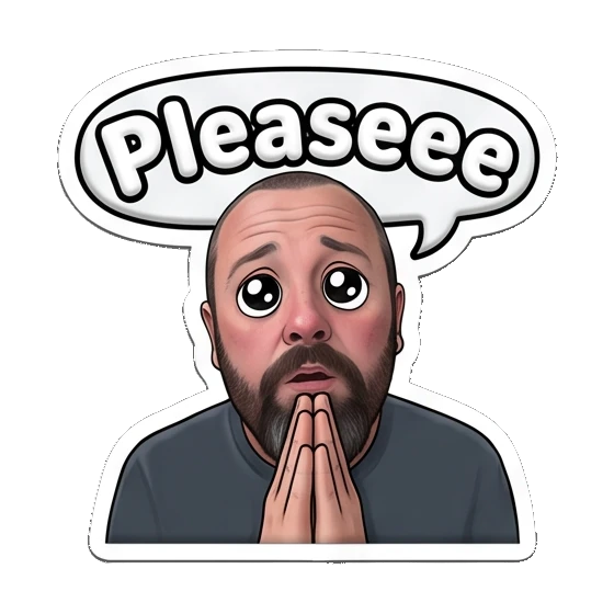 Bearded man praying with pleading eyes. Bearded Guy Daily Vibes sticker for expressive chats and social replies.