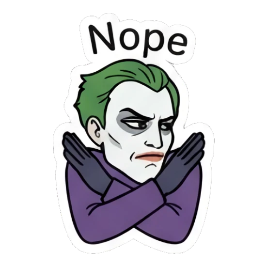 Joker looking dismissive with Nope text Joker Comic Expressions sticker for expressive chats and social replies.