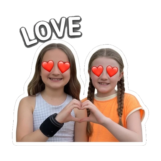 Two sisters making heart shape with Love This text Daily Life of Two Sisters sticker for expressive chats and social replies.