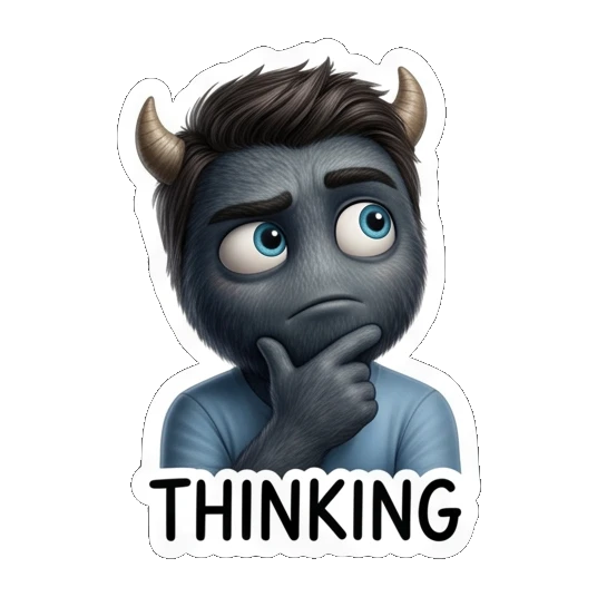 Male monster thinking with hand on chin, labeled THINKING Furry Monster Family Life sticker for expressive chats and social replies.