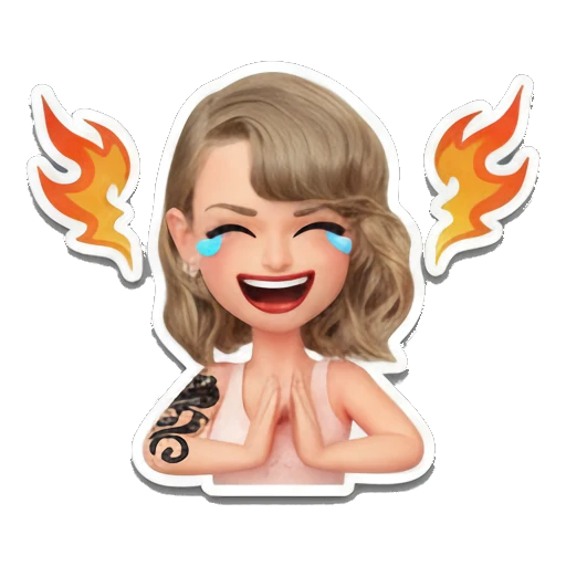 Blonde girl laughing with fire background, LOL text. Taylor Style 3D Adventures sticker for expressive chats and social replies.