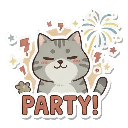 庆祝派对的小猫 Playful Grey Tabby sticker for expressive chats and social replies.