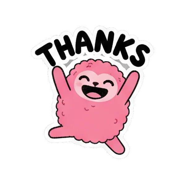 Pink creature jumping with joy and THANKS text Pink Fluffy Buddy sticker for expressive chats and social replies.