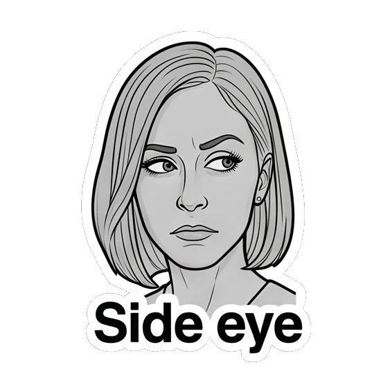 女性斜眼怀疑，侧视表情，文字Side eye Modern Woman Daily Vibes sticker for expressive chats and social replies.