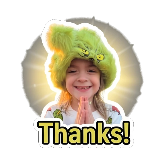 Child in green hat with hands together in prayer with text Thanks! Grinchy Kid Moods sticker for expressive chats and social replies.