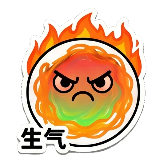 Noodle character looking angry with fire flames around. Noodle Buddy Emotions sticker for expressive chats and social replies.