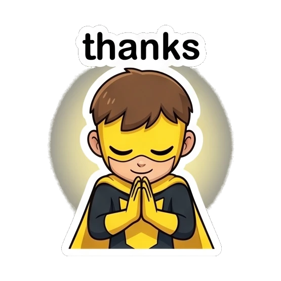 Superhero boy with hands together in a thankful prayer pose. Yellow Hero Adventures sticker for expressive chats and social replies.