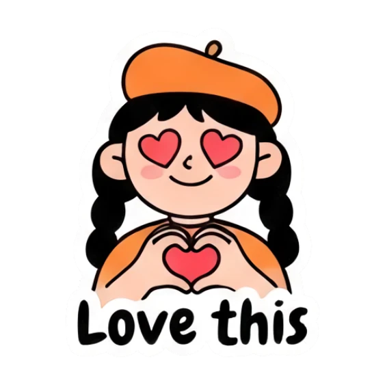 Girl making heart shape with hands, Love this text Beret Girl Daily Vibes sticker for expressive chats and social replies.