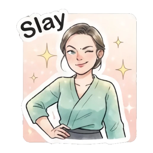 Woman posing confidently with a wink and text Slay Modern Gentle Lady Expressions sticker for expressive chats and social replies.