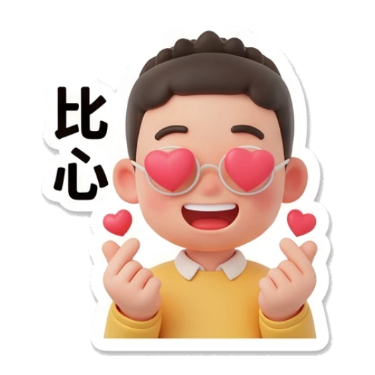 Boy with glasses making heart hands with heart eyes. Cheerful Glasses Boy Daily sticker for expressive chats and social replies.
