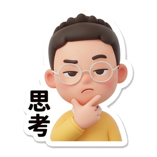 Boy with glasses thinking with a hand on chin. Cheerful Glasses Boy Daily sticker for expressive chats and social replies.